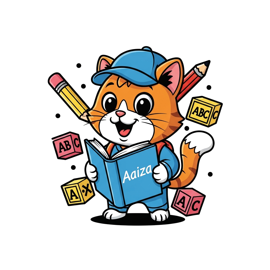 Custom design: A charming cartoon cat character, possibly a student, happily holding a book with 'Aaiza' written on the cover, surro...