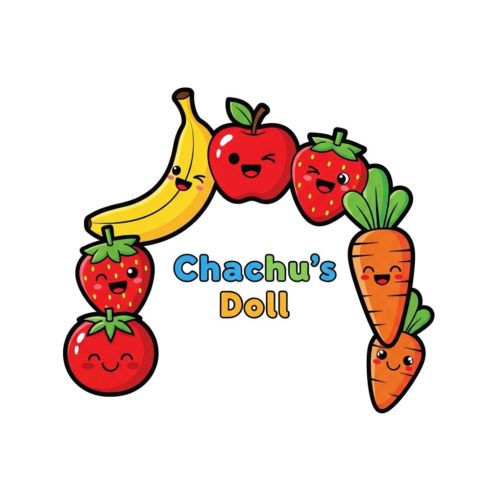 Custom design: A cheerful, bright, and playful illustration of various cartoon fruits (like a smiling apple, a winking banana, a gig...