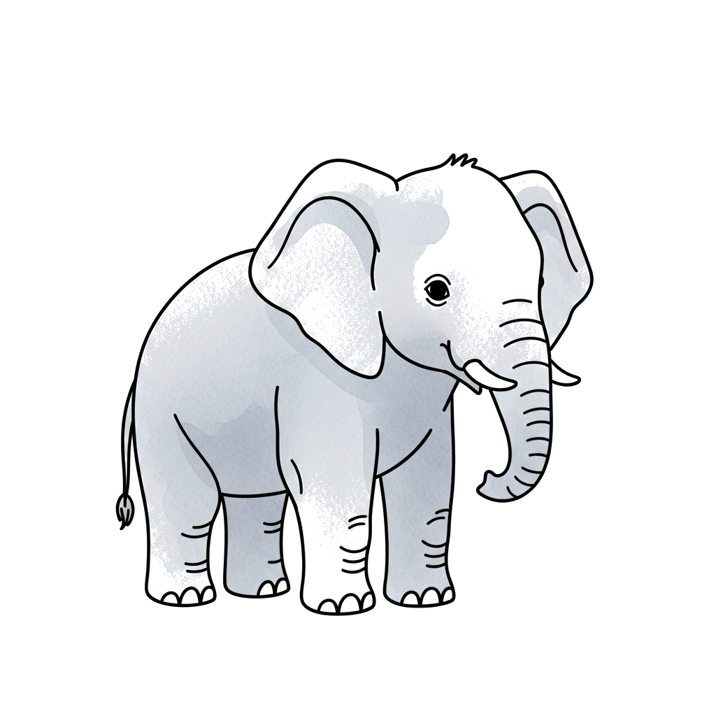Custom design: A majestic baby elephant in a gentle, standing pose, rendered in a minimalist watercolor style with soft pastel color...