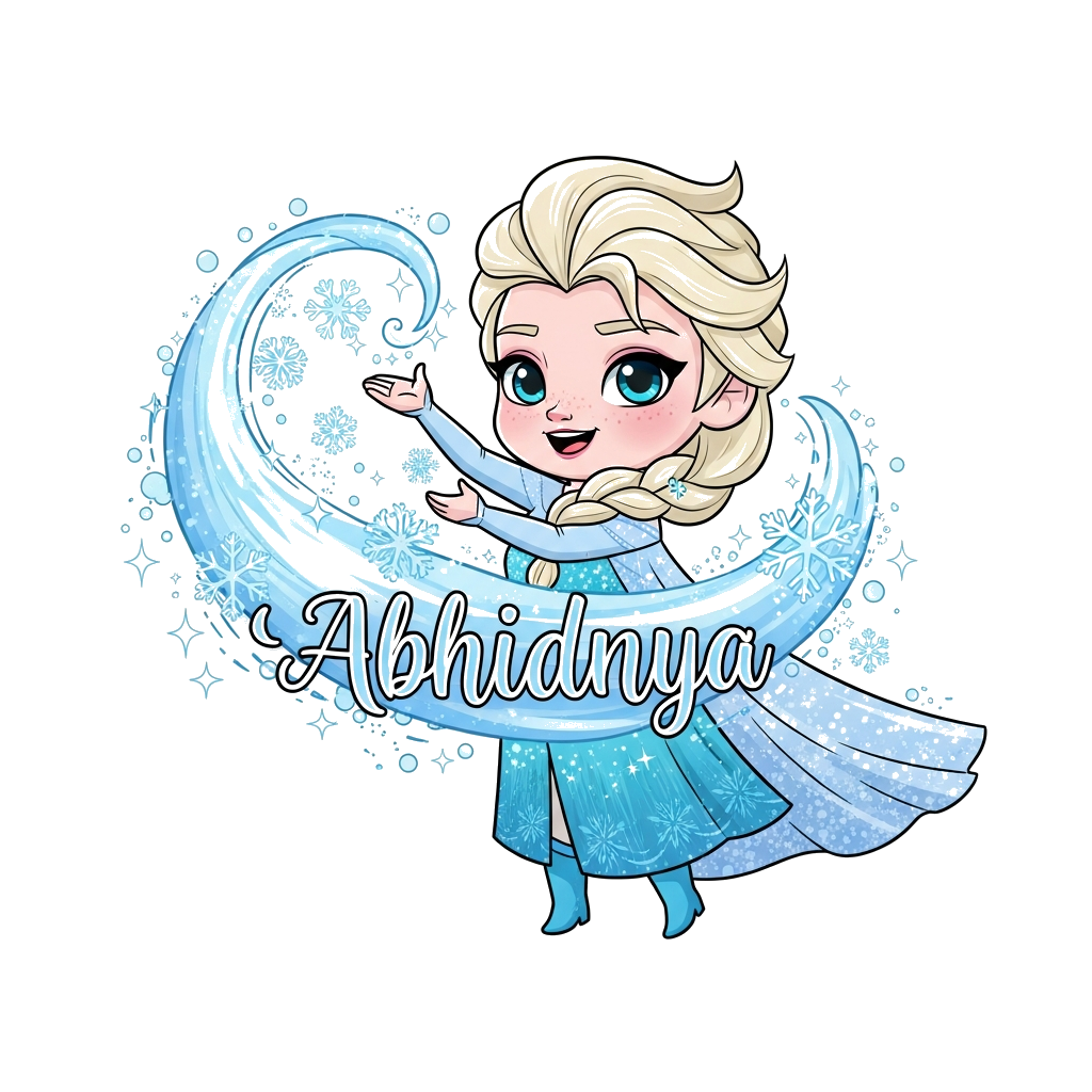 Custom design: A super cute, chibi cartoon illustration of Elsa from Frozen, joyfully creating a swirl of sparkling ice and snowflak...