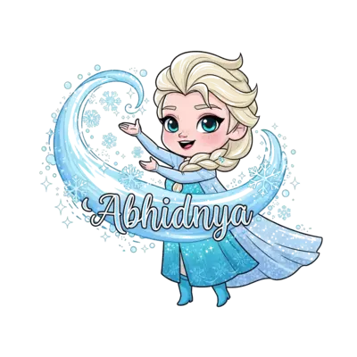 Design: A super cute, chibi cartoon illustration of Elsa from Frozen, joyfully creati...