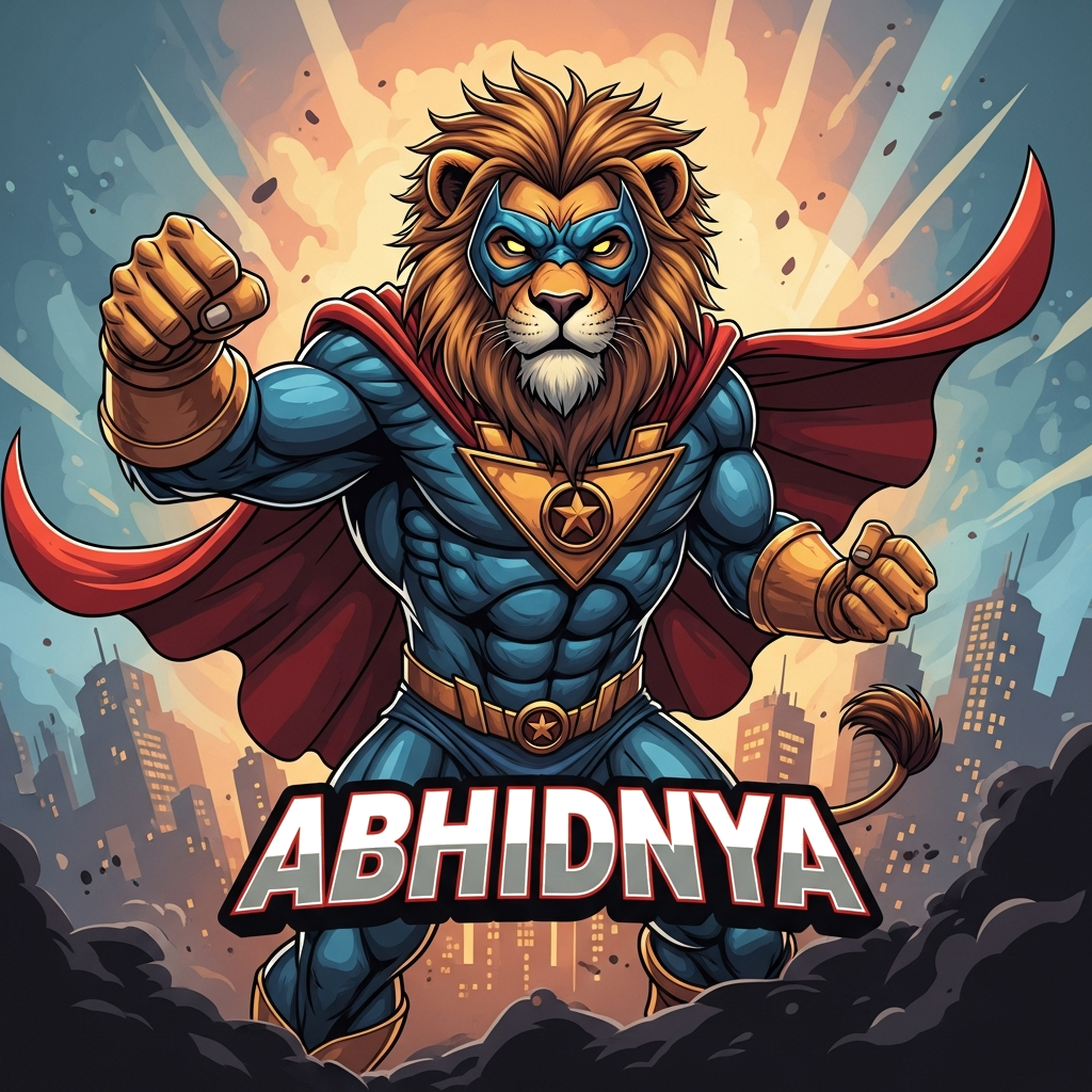 Custom design: A powerful and stylized lion superhero, wearing a cool mask and cape, striking a heroic pose amidst a cityscape. Bold...