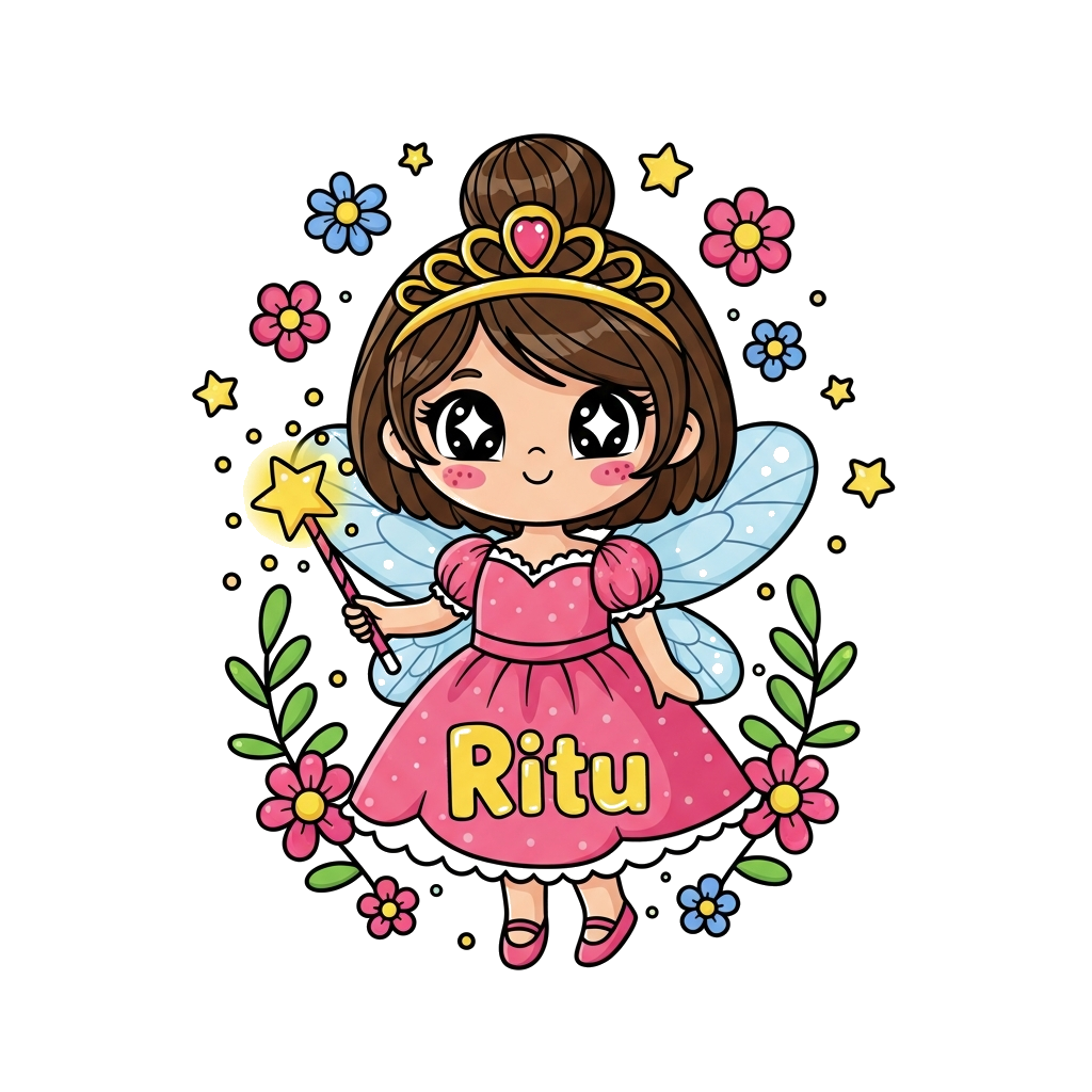 Custom design: A cute cartoon fairy princess with big, sparkling eyes and rosy cheeks, holding a magic wand that glows, surrounded b...