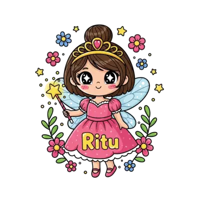 Design: A cute cartoon fairy princess with big, sparkling eyes and rosy cheeks, holdi...