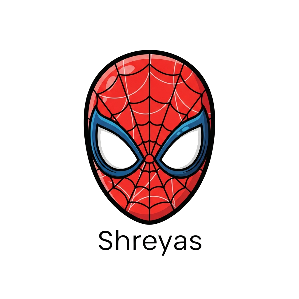 Custom design: A clean, minimalist illustration of Spider-Man's iconic red and blue mask with subtle web lines, with the name 'Shrey...