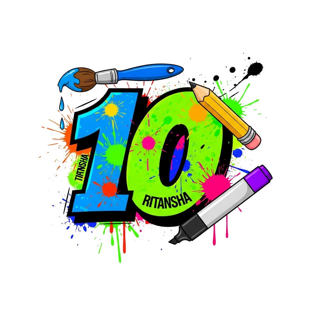 Custom design: A dynamic, graffiti-style illustration with paint splatters, brushes, and pencils forming the number 10, with 'Ritans...