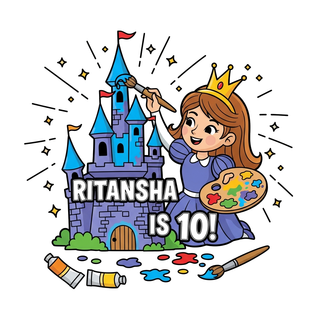 Custom design: A cute cartoon princess with a paint palette and brush, happily painting a colorful castle, surrounded by sparkles an...