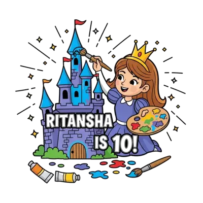 Design: A cute cartoon princess with a paint palette and brush, happily painting a co...