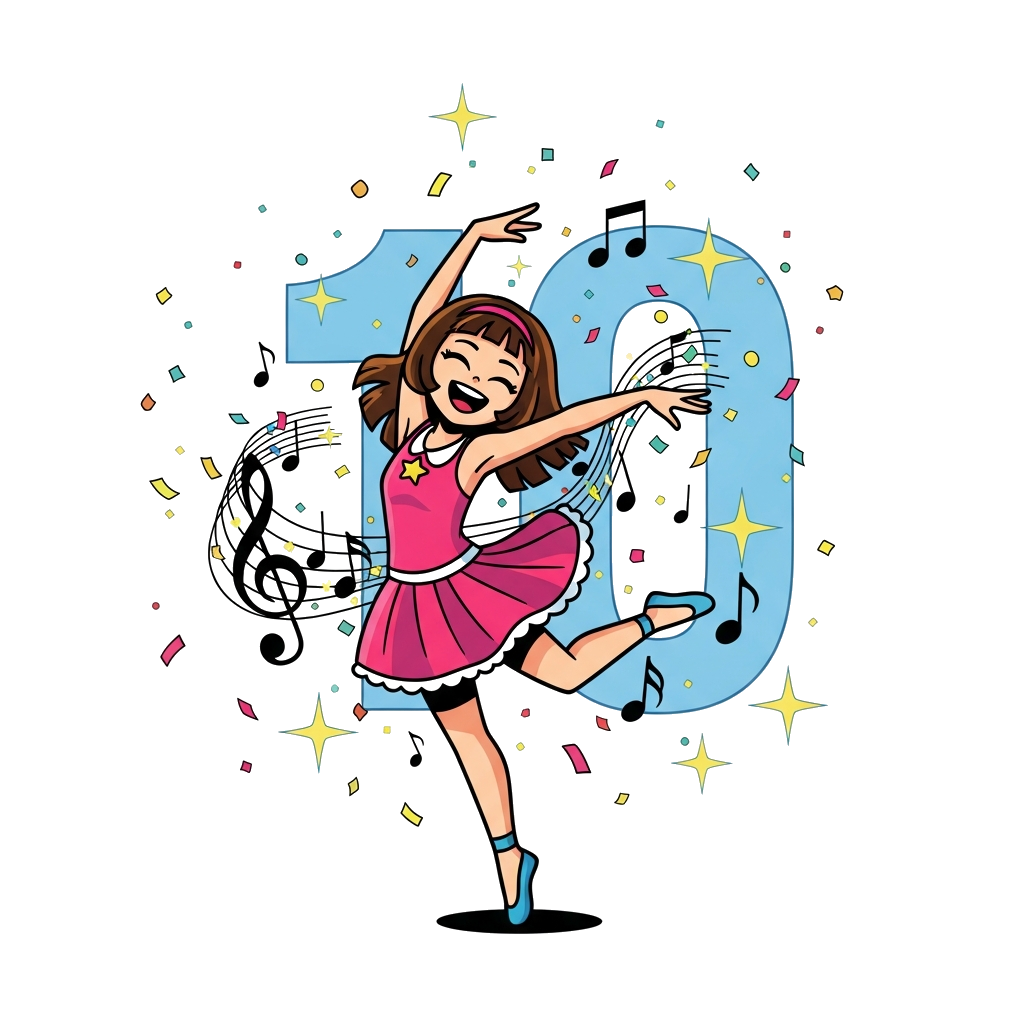 Custom design: A vibrant and colorful illustration of a cheerful girl, 'Ritansha', dancing gracefully amidst musical notes, shimmeri...