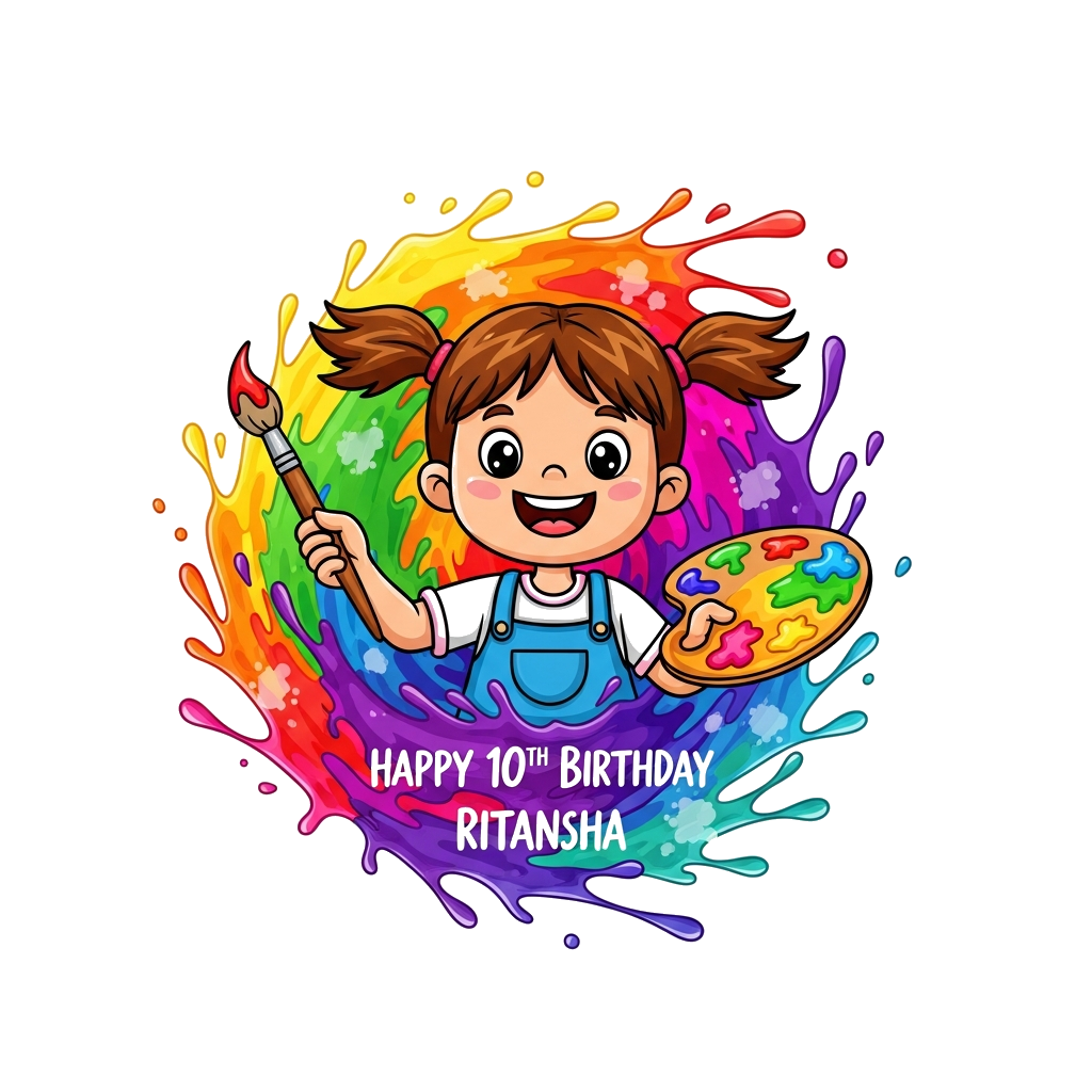 Custom design: A vibrant illustration of a happy girl (Ritansha, age 10) surrounded by a splash of rainbow paint, holding a paintbru...