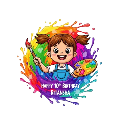Design: A vibrant illustration of a happy girl (Ritansha, age 10) surrounded by a spl...