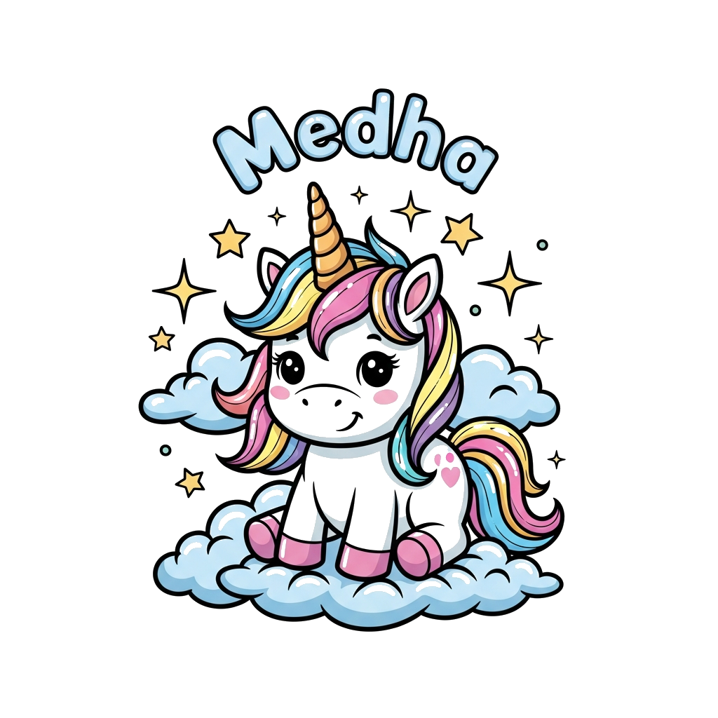Custom design: A whimsical illustration of a happy baby unicorn with a rainbow mane, surrounded by sparkling stars and clouds, with ...