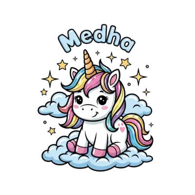 Design: A whimsical illustration of a happy baby unicorn with a rainbow mane, surroun...