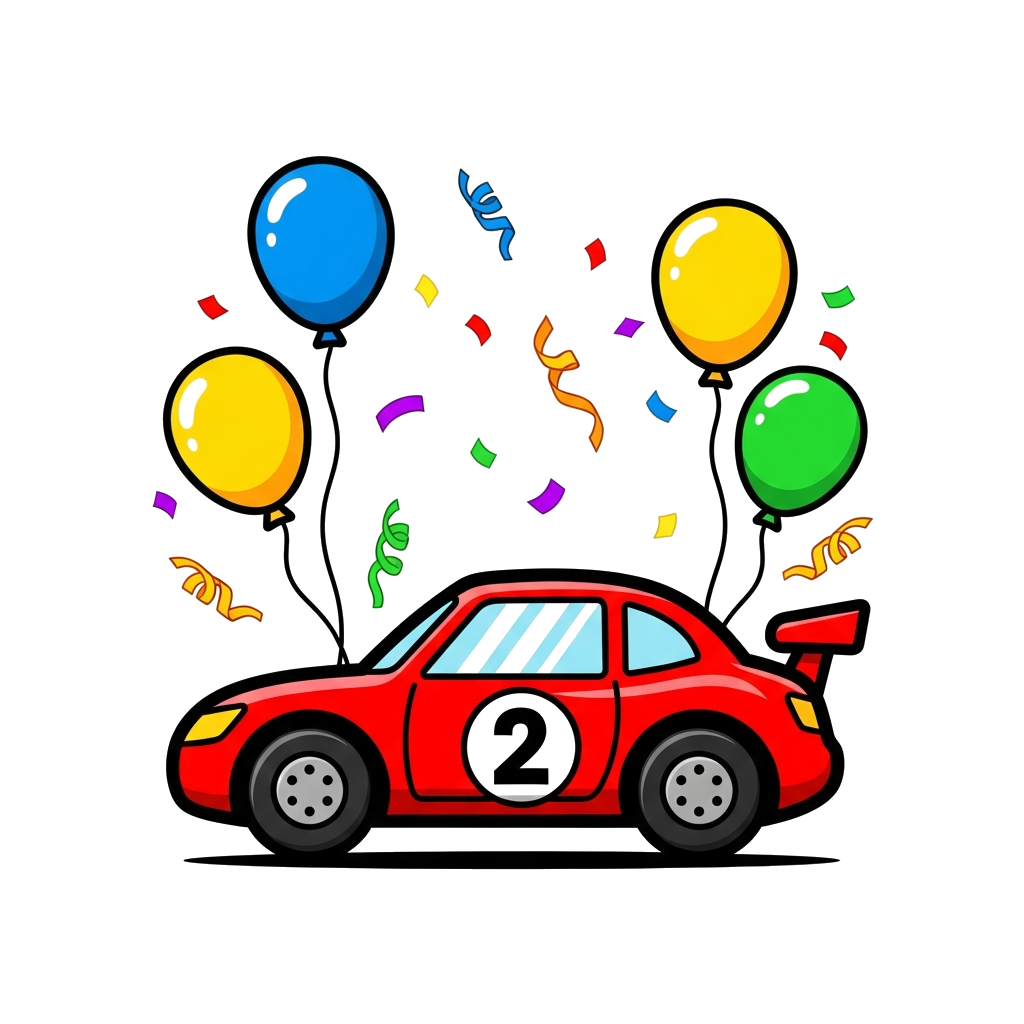 Custom design: A cute cartoon red race car with the number '2' on its side, surrounded by playful balloons and confetti, in a vibran...