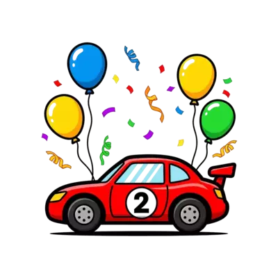 Design: A cute cartoon red race car with the number '2' on its side, surrounded by pl...
