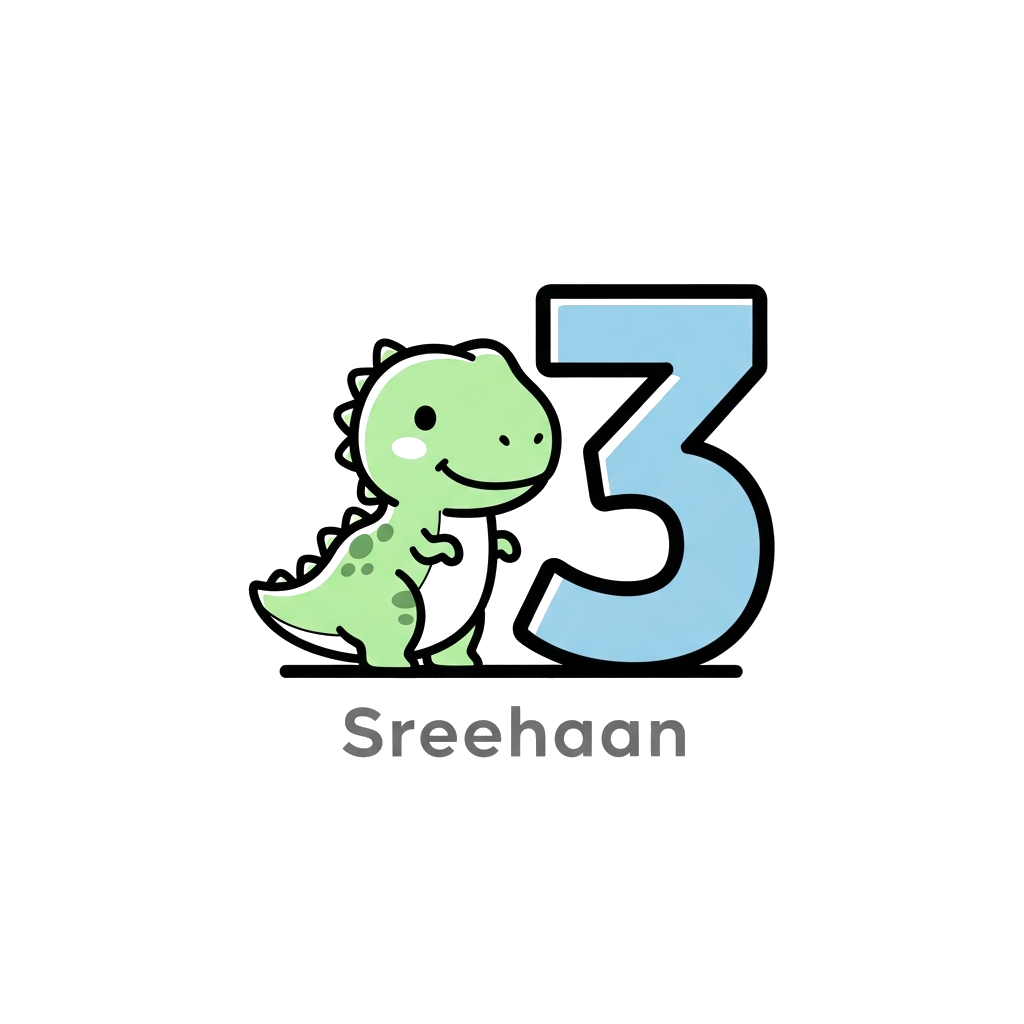 Custom design: A minimalist line art illustration of a friendly baby T-Rex, standing next to a stylized number '3', with the name 'S...