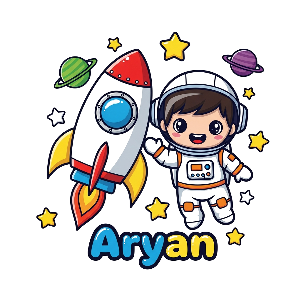 Custom design: A cute cartoon astronaut boy with big friendly eyes, floating happily in space next to a rocket ship, with stars and ...