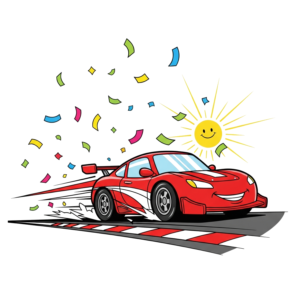 Custom design: A vibrant cartoon red race car speeding down a track, with confetti and a happy sun in the background, in a playful, ...