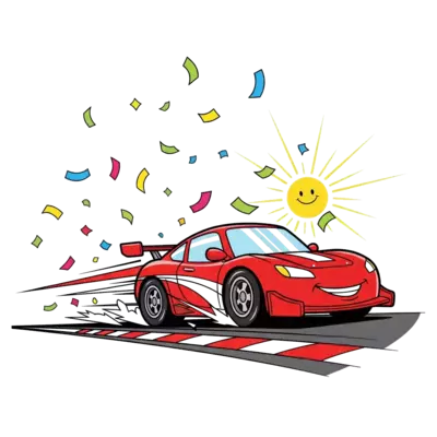 Design: A vibrant cartoon red race car speeding down a track, with confetti and a hap...