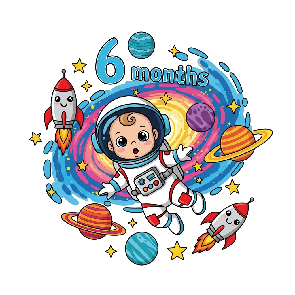 Custom design: A super cute baby astronaut floating playfully in a vibrant, swirling galaxy, surrounded by colorful planets, twinkli...