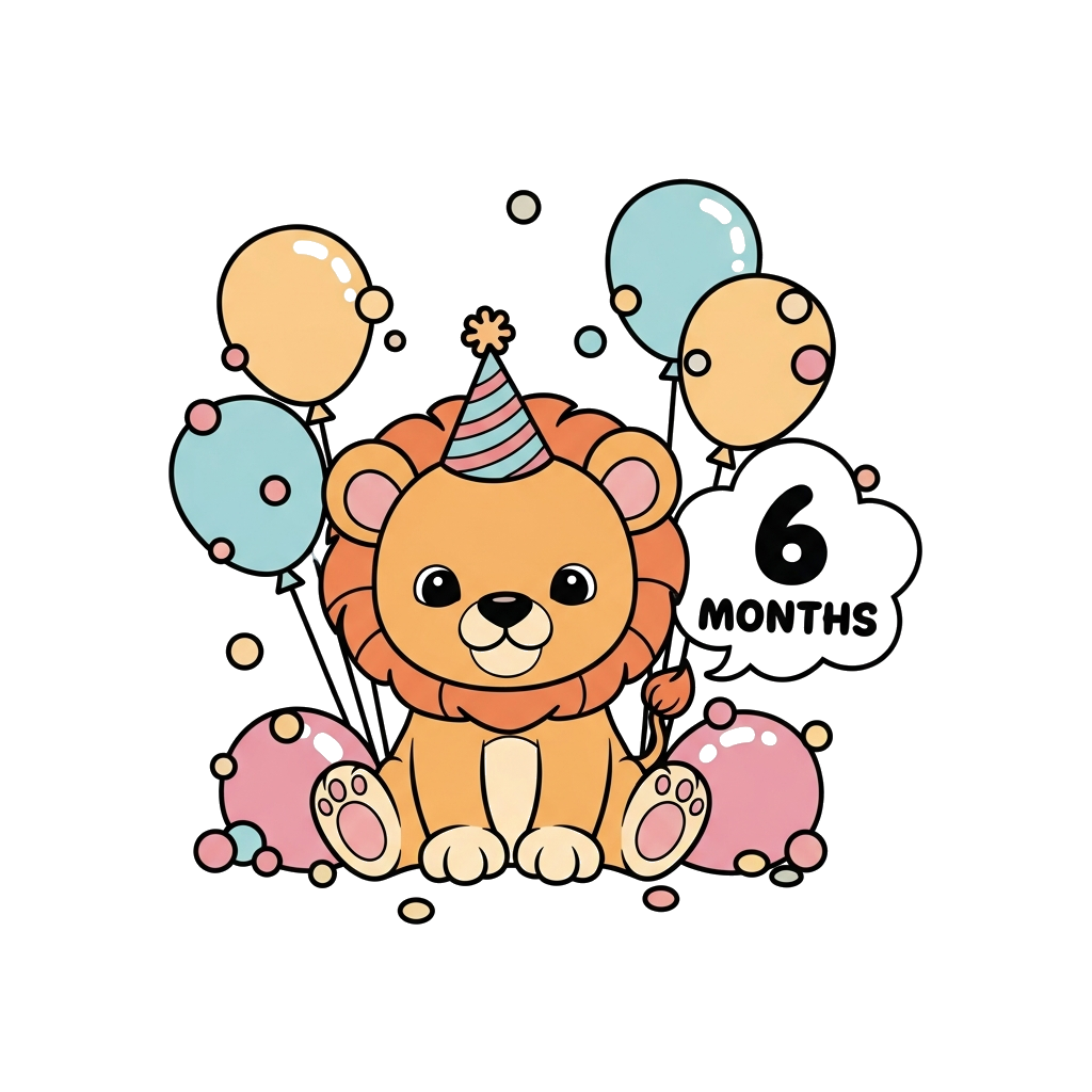 Custom design: A super cute baby lion cub wearing a tiny party hat, sitting among colorful balloons and soft confetti, with the numb...
