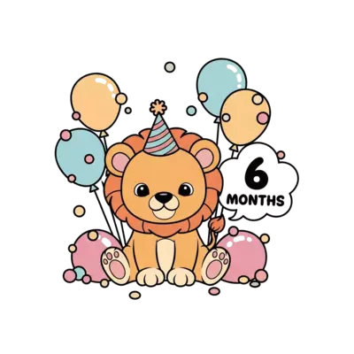 Design: A super cute baby lion cub wearing a tiny party hat, sitting among colorful b...