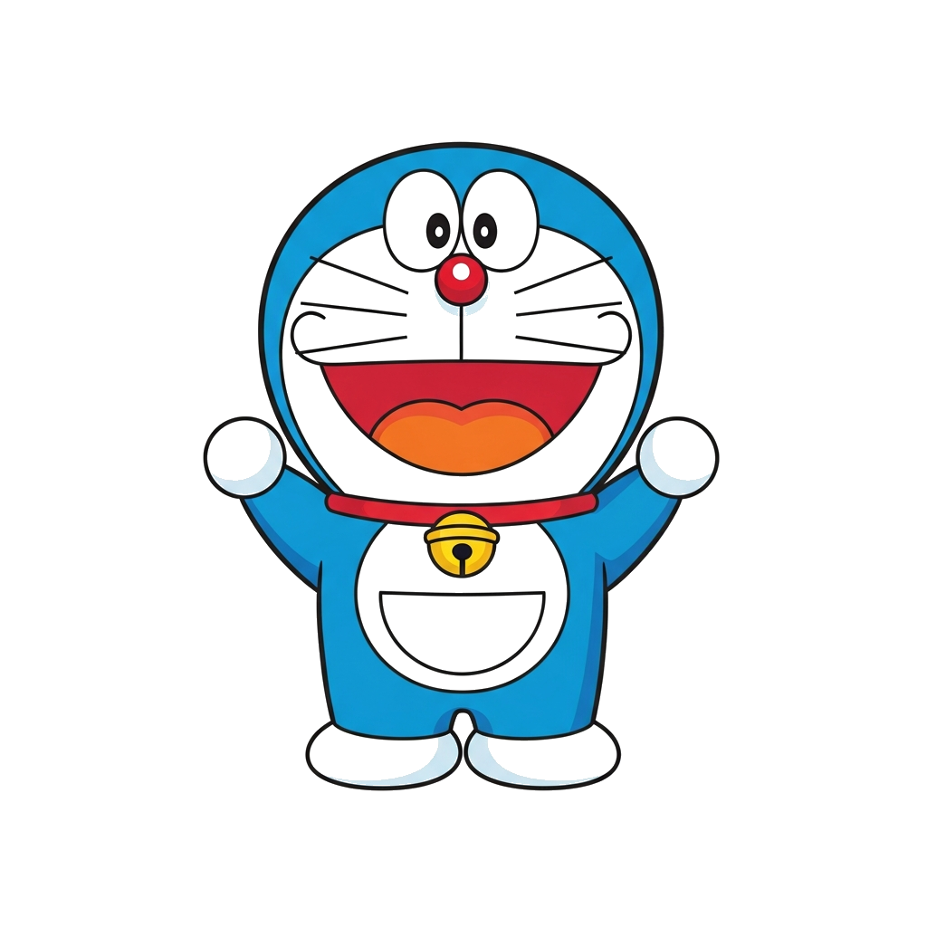 Custom design: A cheerful and friendly Doraemon illustration, standing center, with a big smile and bright eyes, in a classic cartoo...