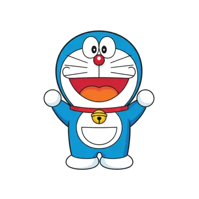 Design: A cheerful and friendly Doraemon illustration, standing center, with a big sm...