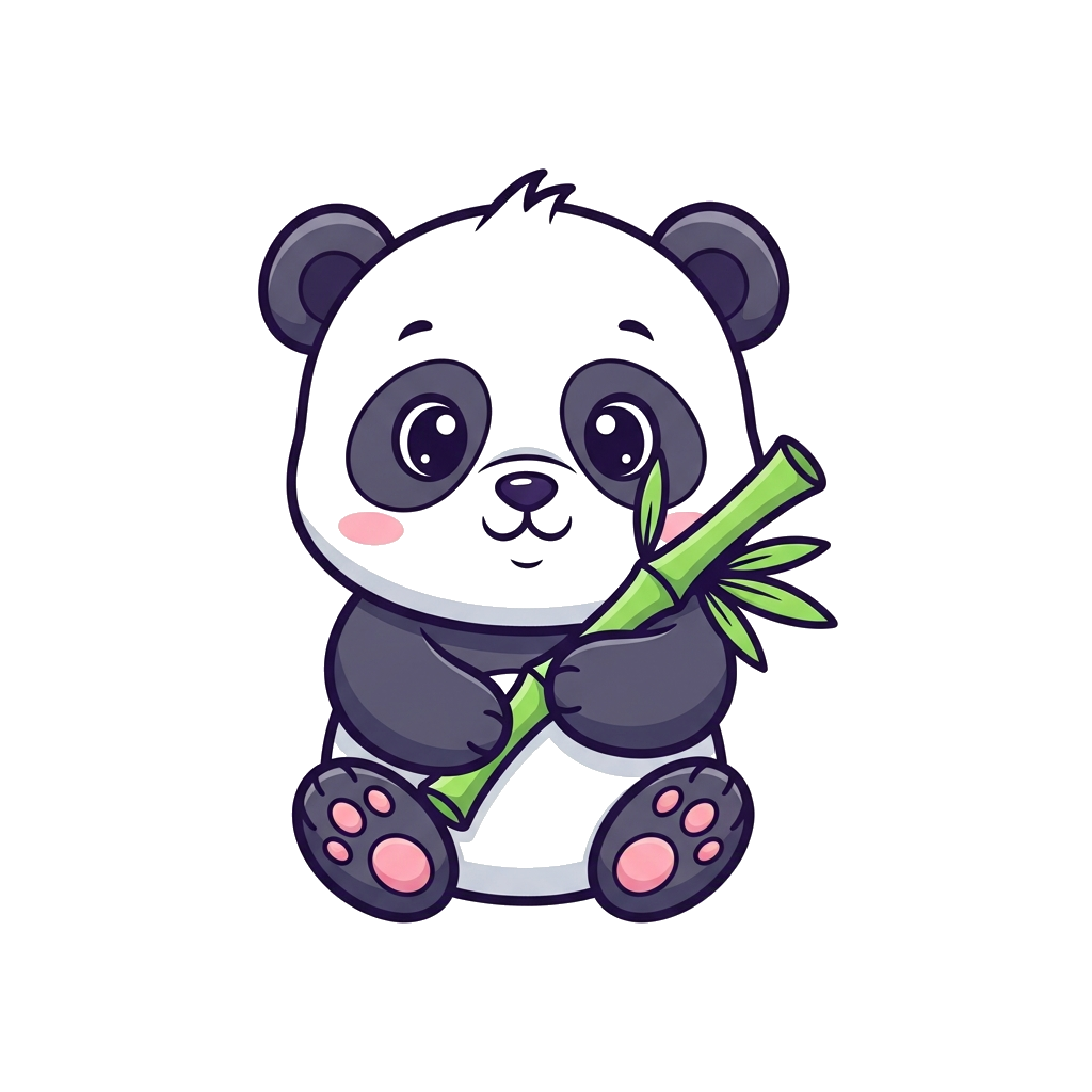 Custom design: A super cute cartoon baby panda holding a bamboo stalk, with big innocent eyes, in a sweet kawaii style, soft pastel ...