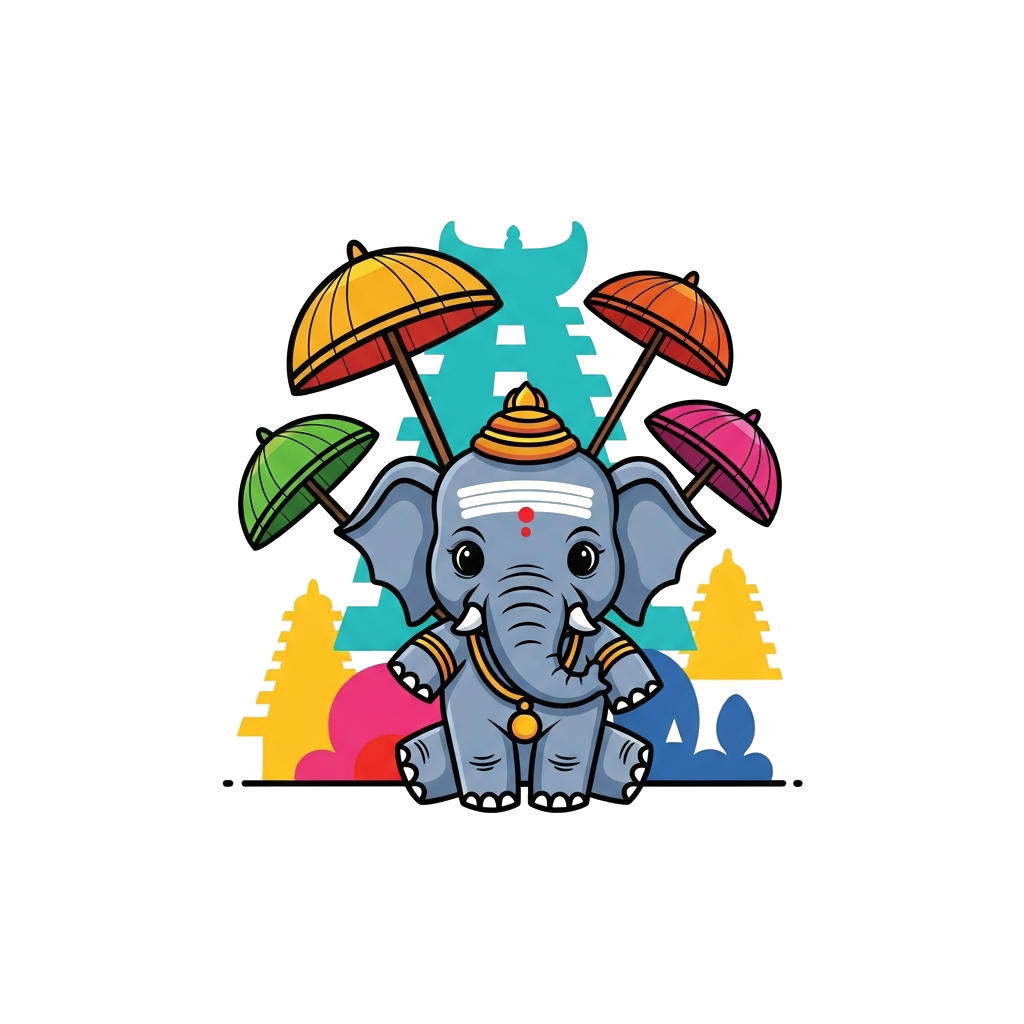 Custom design: A cute cartoon baby elephant adorned with traditional Kerala Pooram festival accessories like a nettipattam (forehead...