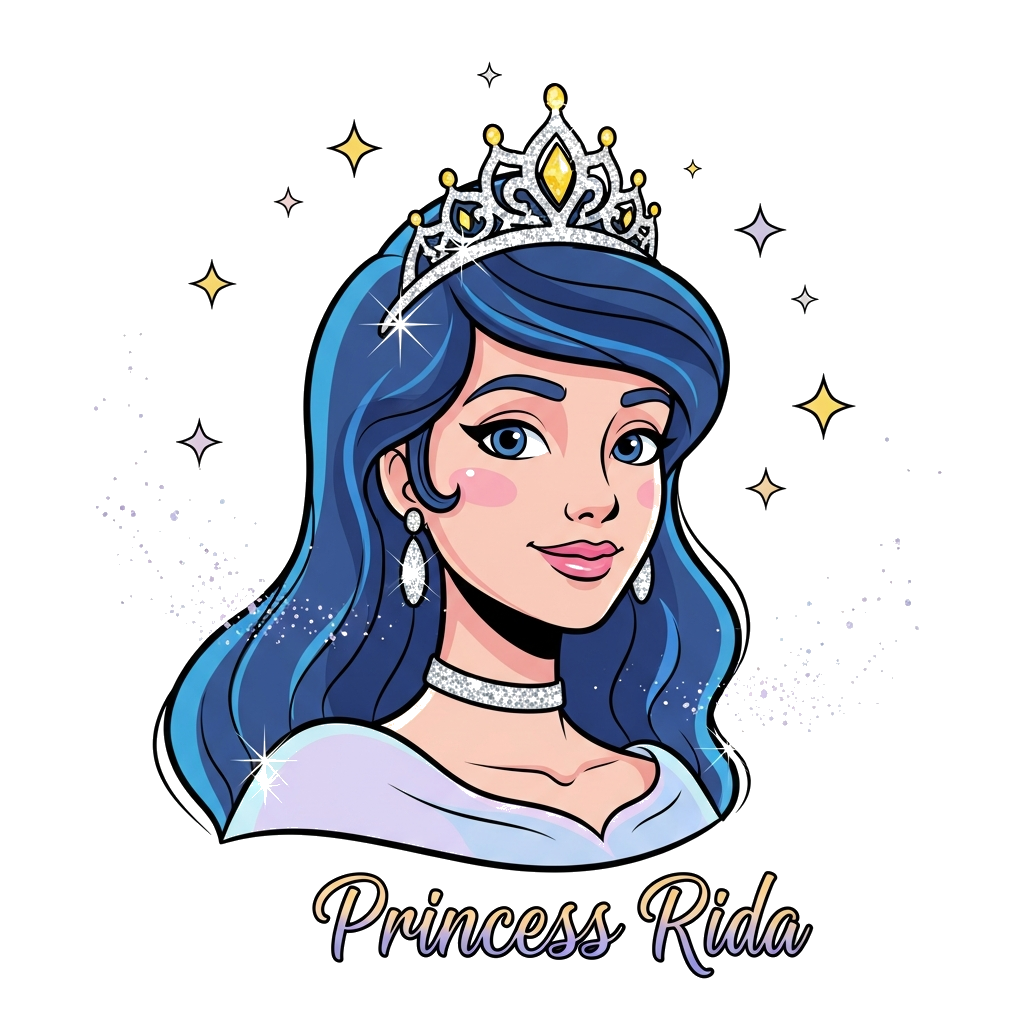 Custom design: A majestic portrait of 'Princess Rida' with a glittering tiara and an elegant gown, surrounded by sparkling stars and...