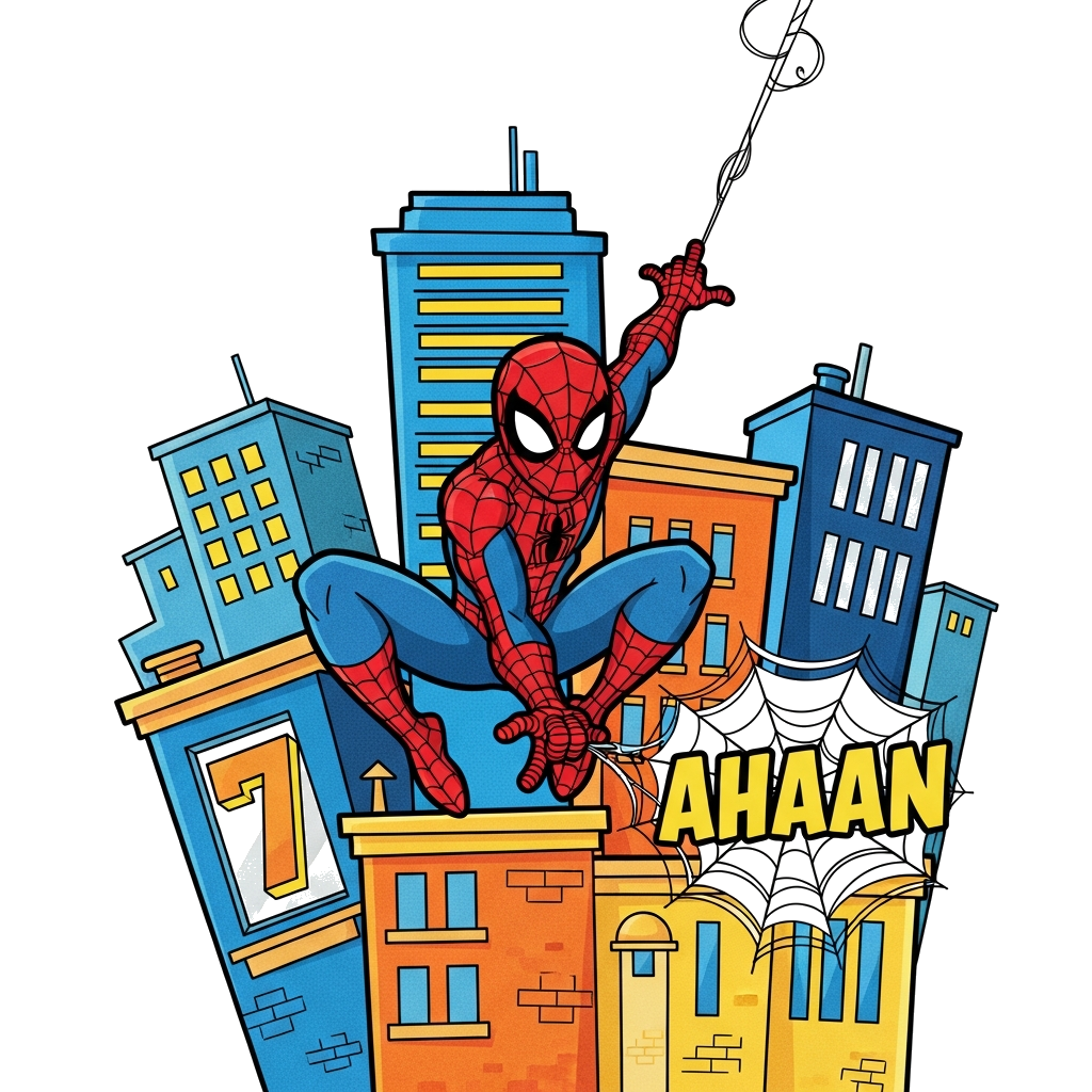Custom design: A dynamic cartoon illustration of Spider-Man swinging through a cityscape, with the name 'Ahaan' and the number '7' s...