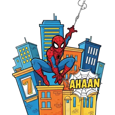 Design: A dynamic cartoon illustration of Spider-Man swinging through a cityscape, wi...