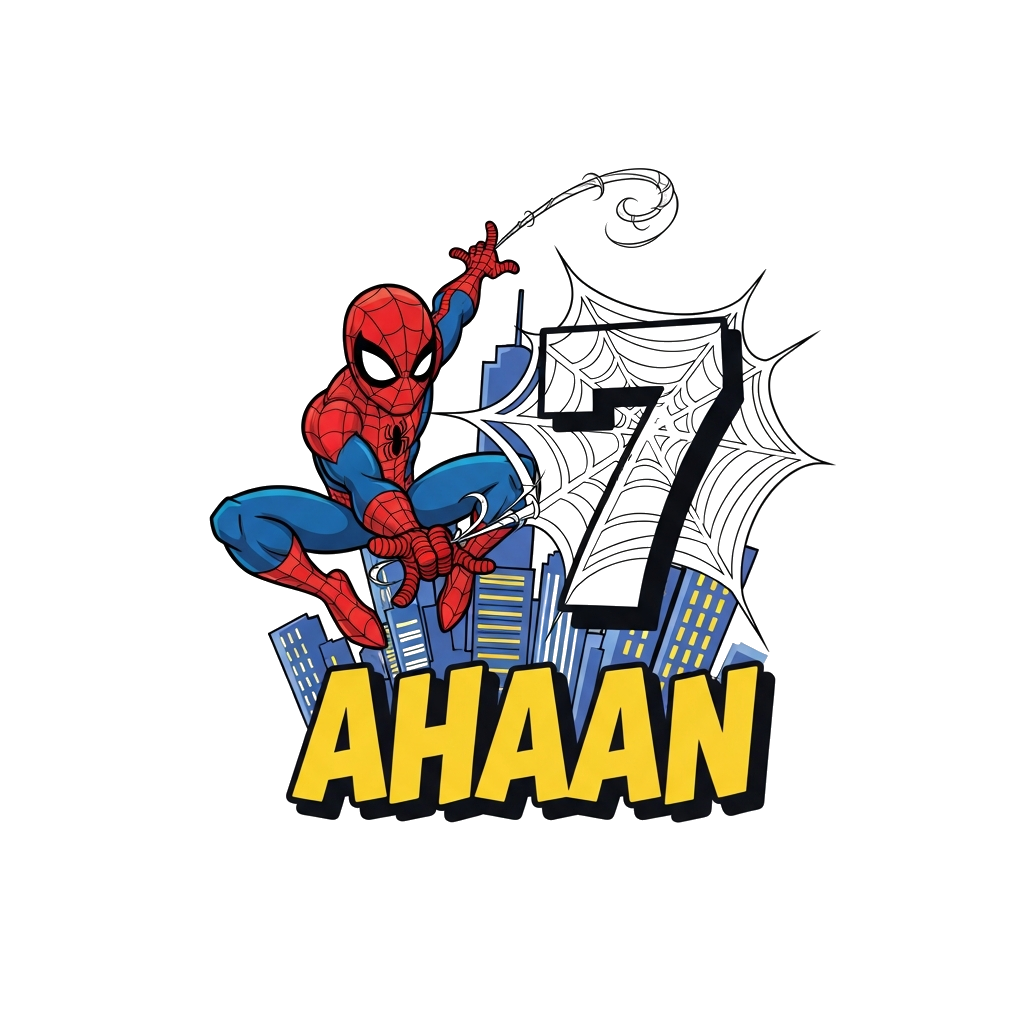 Custom design: A dynamic cartoon illustration of Spider-Man mid-swing over a city skyline, with the number '7' prominently displayed...