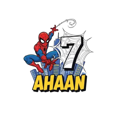 Design: A dynamic cartoon illustration of Spider-Man mid-swing over a city skyline, w...
