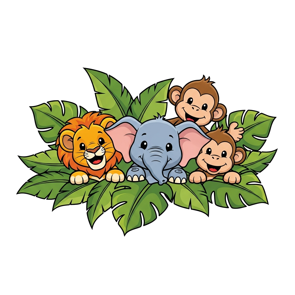 Custom design: A group of cheerful cartoon jungle animals (a lion cub, a baby elephant, and a playful monkey) peeking out from behin...