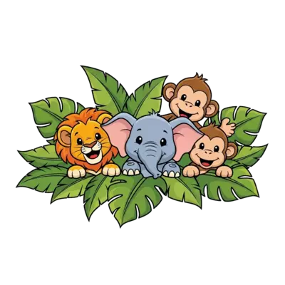 Design: A group of cheerful cartoon jungle animals (a lion cub, a baby elephant, and ...