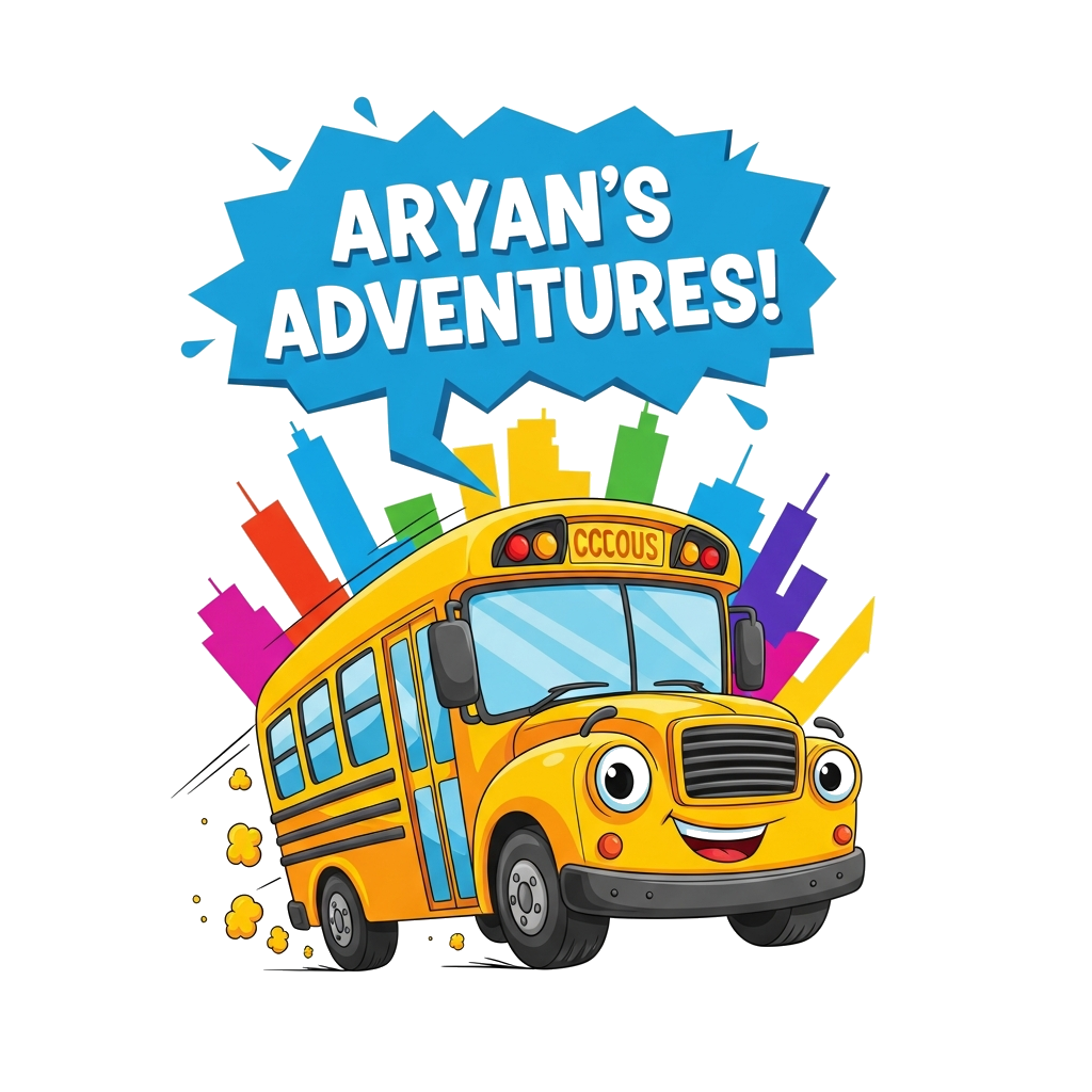 Custom design: A vibrant cartoon illustration of a friendly school bus zooming past a cityscape, with a speech bubble saying 'Aryan'...