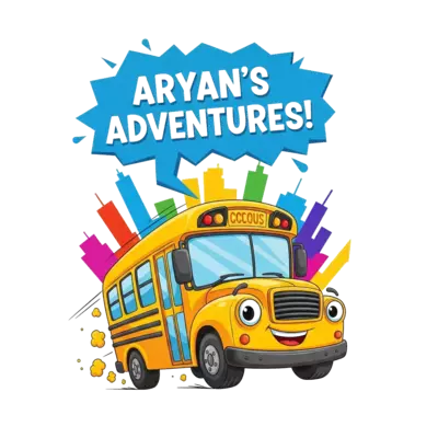 Design: A vibrant cartoon illustration of a friendly school bus zooming past a citysc...