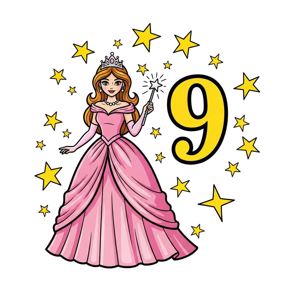 Custom design: An elegant cartoon princess with flowing pink gown, tiara, and a magic wand, surrounded by sparkling stars and the nu...