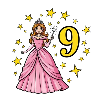 Design: An elegant cartoon princess with flowing pink gown, tiara, and a magic wand, ...