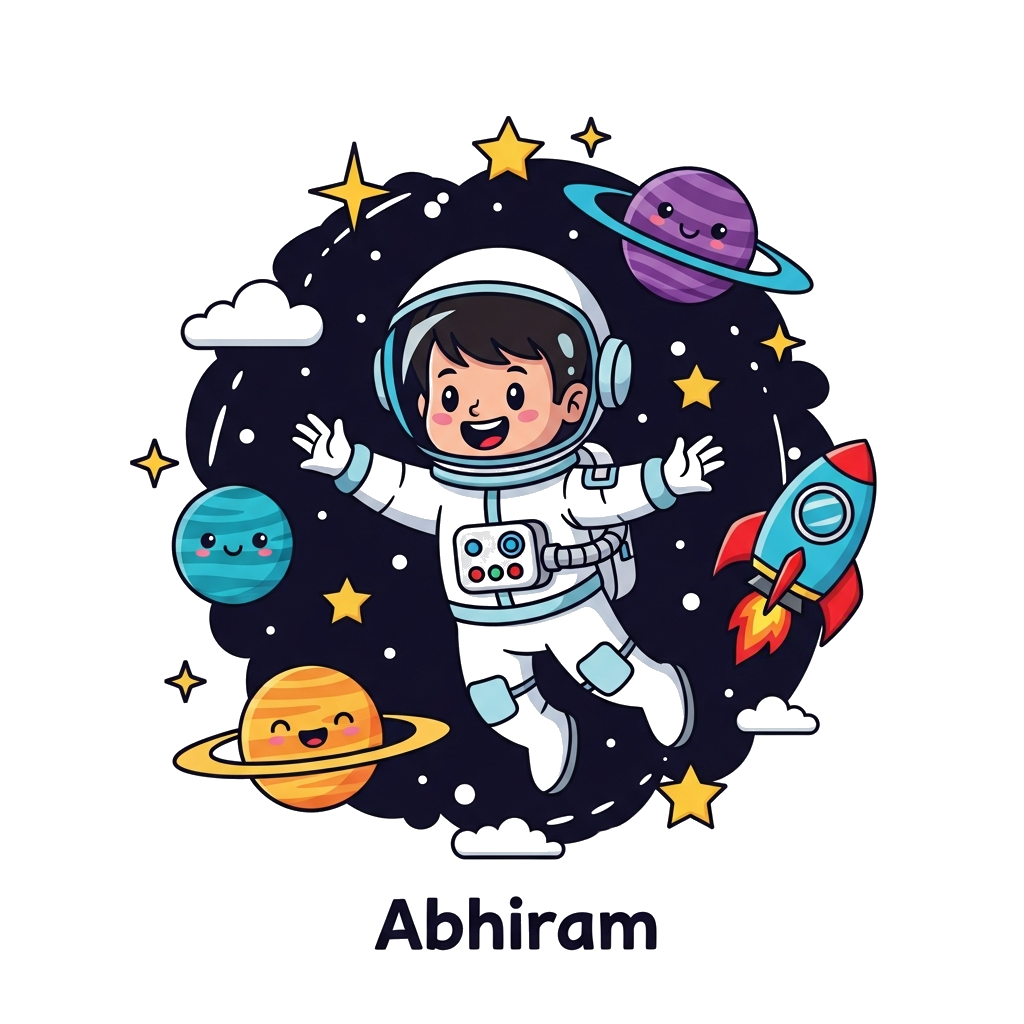 Custom design: A cute cartoon astronaut boy named Abhiram floating playfully in space, surrounded by friendly smiling planets, twink...