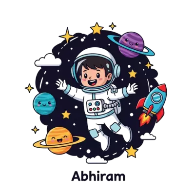 Design: A cute cartoon astronaut boy named Abhiram floating playfully in space, surro...