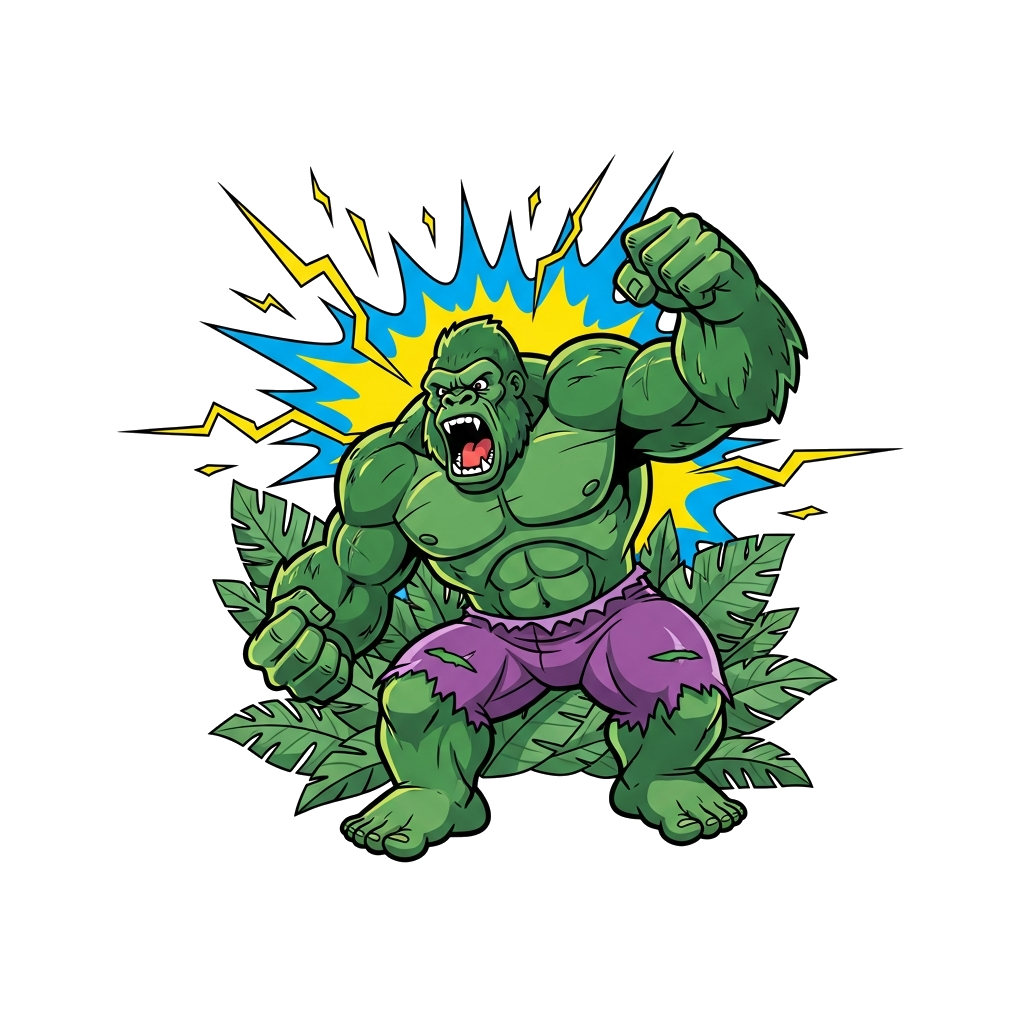 Custom design: A powerful, muscular green gorilla in a dynamic action pose, inspired by the Hulk, with torn purple shorts, roaring w...