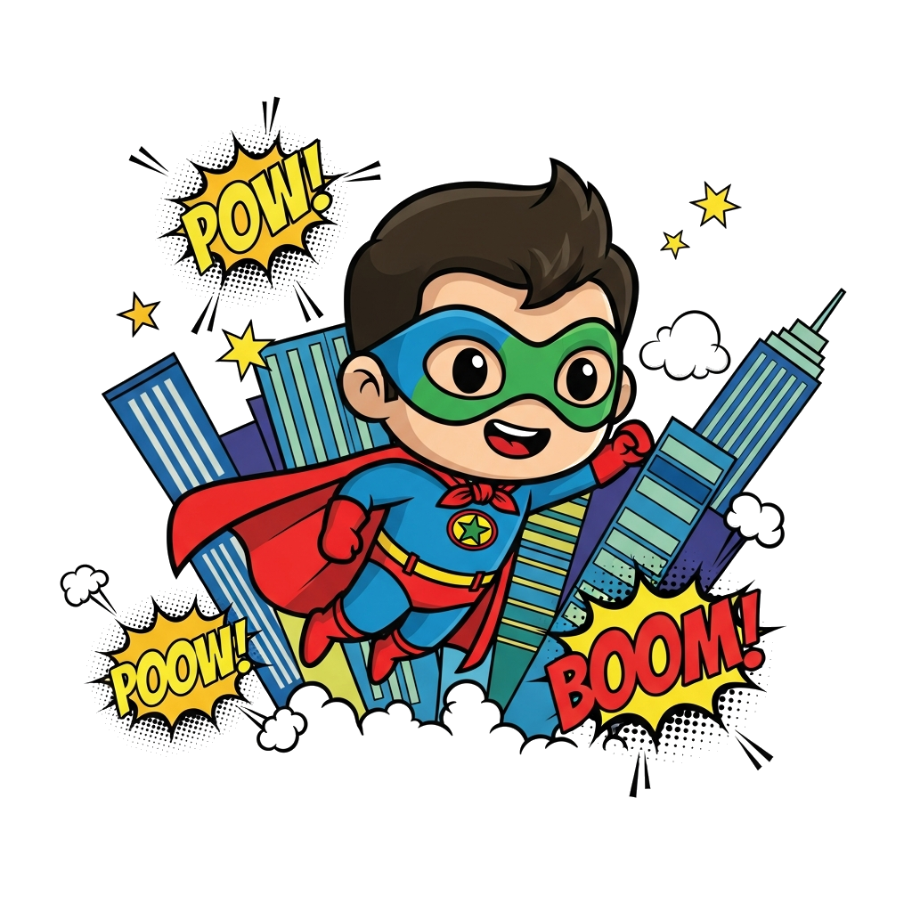 Custom design: A cute, chibi-style superhero flying through a vibrant city skyline, wearing a colorful cape and mask, with a friendl...