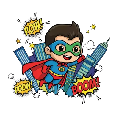 Design: A cute, chibi-style superhero flying through a vibrant city skyline, wearing ...