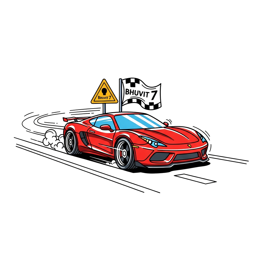 Custom design: A realistic yet playful illustration of a red sports car speeding down a road, with 'Bhuvit 7' subtly integrated into...