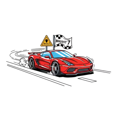 Design: A realistic yet playful illustration of a red sports car speeding down a road...