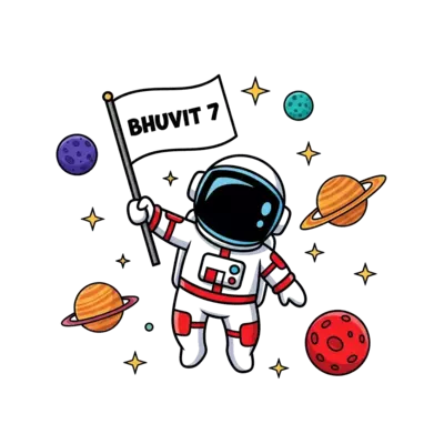 Design: A cheerful cartoon astronaut floating in space, holding a flag that says 'Bhu...