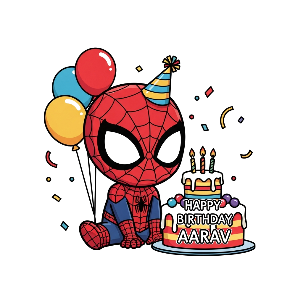 Custom design: A super cute, chibi cartoon Spiderman character, wearing a tiny party hat, sitting next to a colorful birthday cake w...